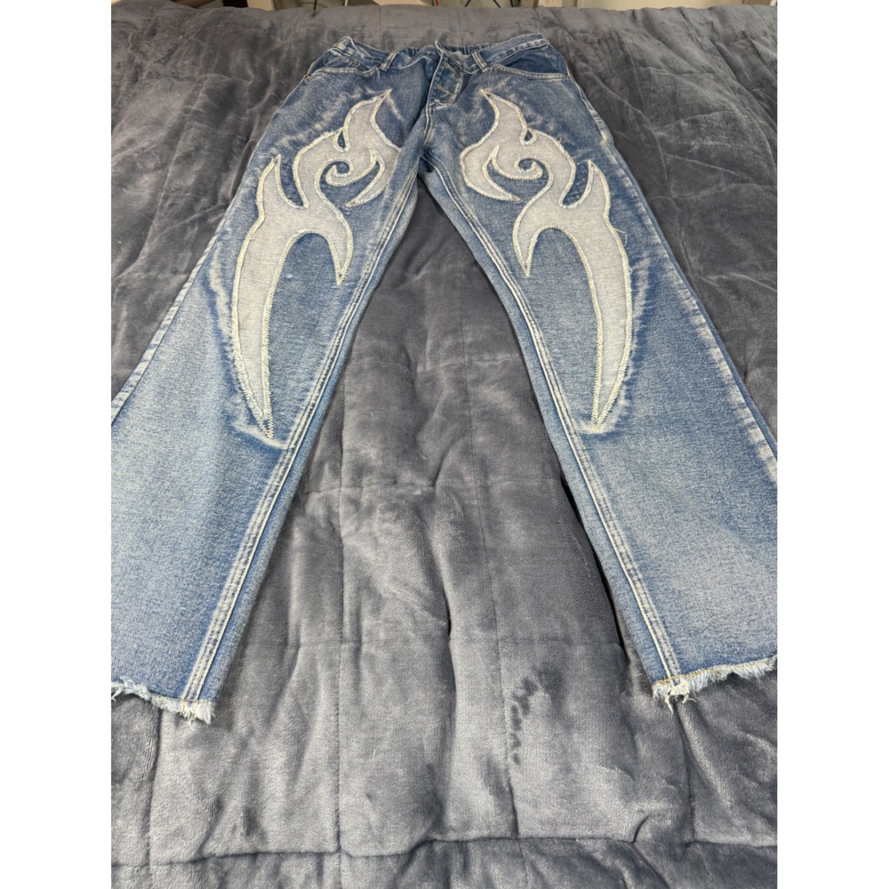 Choize Club XL Jeans Denim‎ Blue Flame Design Distressed Hem Elastic Waist